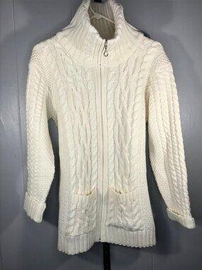 Aran Co. Sweater Womens Large White Merino Wool Full Zip Cable Knit Mock Neck
